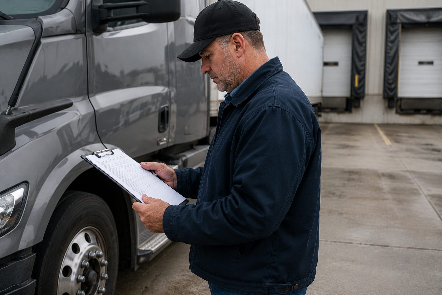 A truck driver reviewing a rate confirmation on a clipboard beside a semi-truck at a loading dock