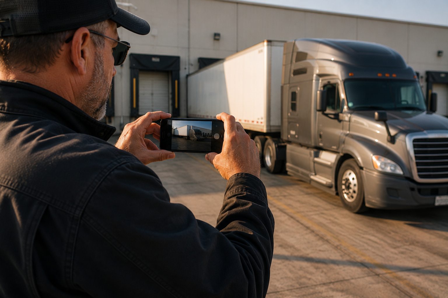 A truck driver photographing a timestamp at a loading dock with a smartphone